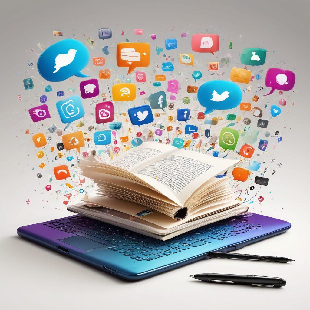 A whimsical collage showcasing a digital pen transforming into pages of a vibrant blog, surrounded by floating social media icons and storytelling elements like speech bubbles, fairy dust, and open books. The colors should be bright and engaging, blending modern technology with traditional storytelling. This visual captures the essence of creativity and digital communication. vector art. vibrant colors. white background.
