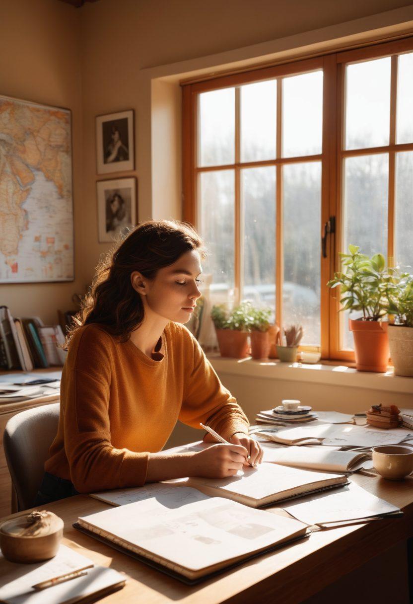 A serene workspace featuring a thoughtful individual gazing out a window, surrounded by notebooks filled with ideas and sketches. Sunlight gently illuminates the space, casting soft shadows and inspiring creativity. Include a vision board covered in images and words related to branding and personal reflection. The atmosphere should be calm and introspective, encouraging strategic thinking and creativity. super-realistic. warm colors. indoor setting.