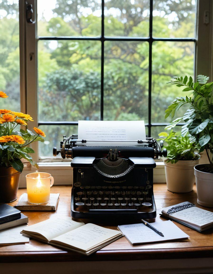 An open journal with colorful pages filled with handwritten notes and sketches, surrounded by a vintage typewriter and a laptop emitting a soft glow. Delicate swirls of ink float around, symbolizing creativity and inspiration. In the background, a serene window view reveals a lush garden, inviting tranquility. The overall atmosphere should evoke warmth and encouragement for budding storytellers. vibrant colors. 3D. soft focus.